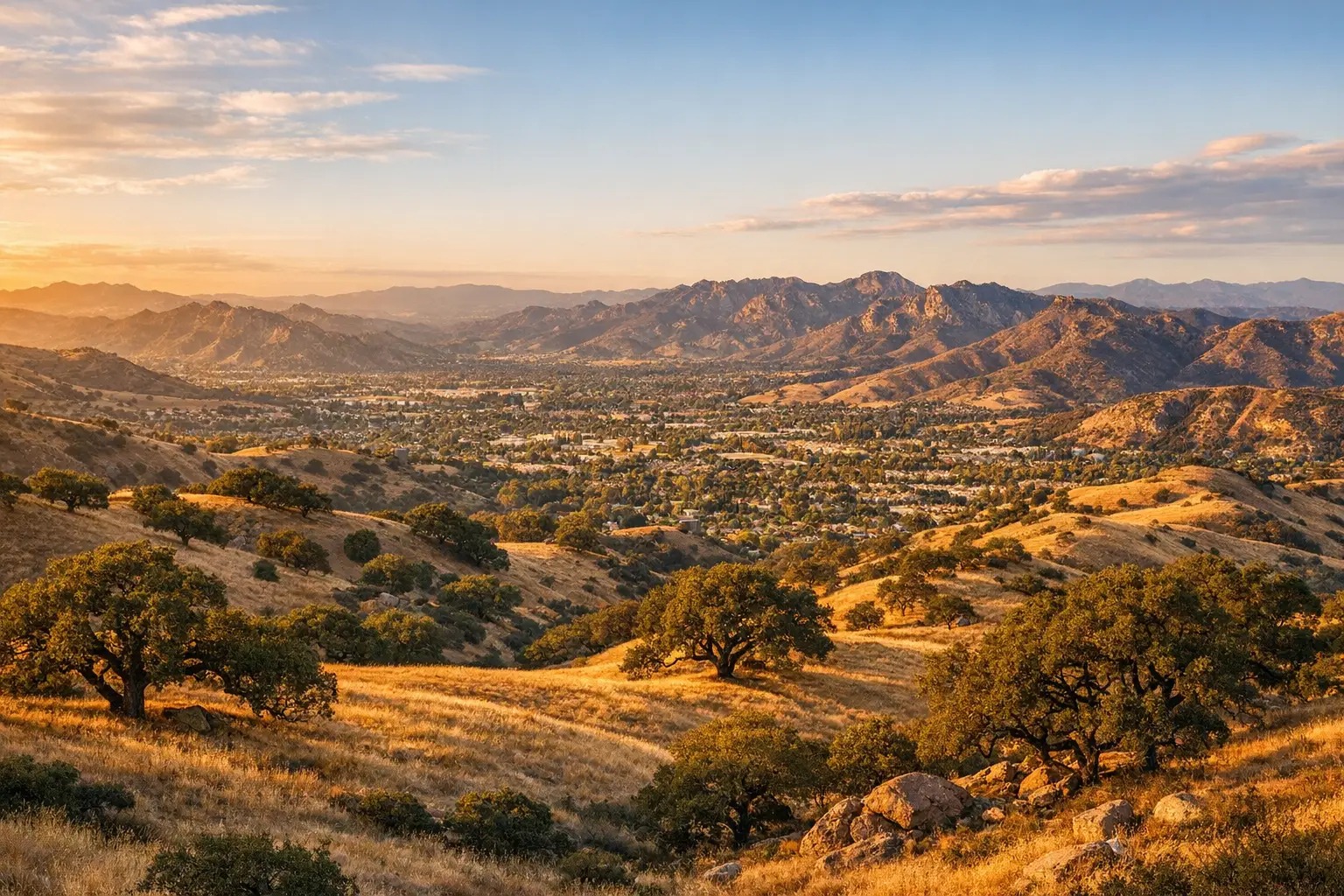 Golden hour over the Conejo Valley and the oak-dotted hills of Thousand Oaks, California